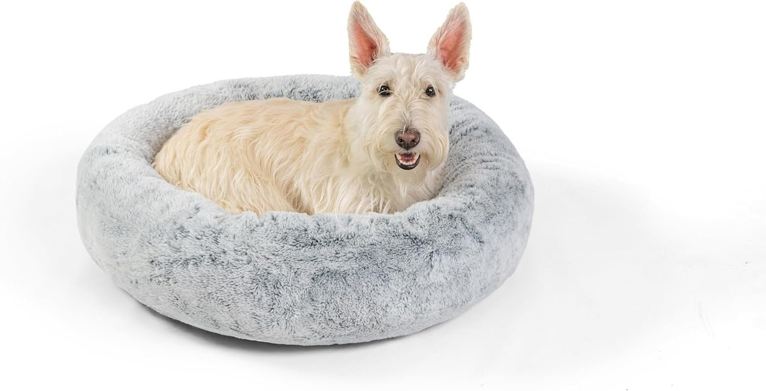 Calming Donut Dog Bed 23x23 Memory Foam Faux Fur Grey