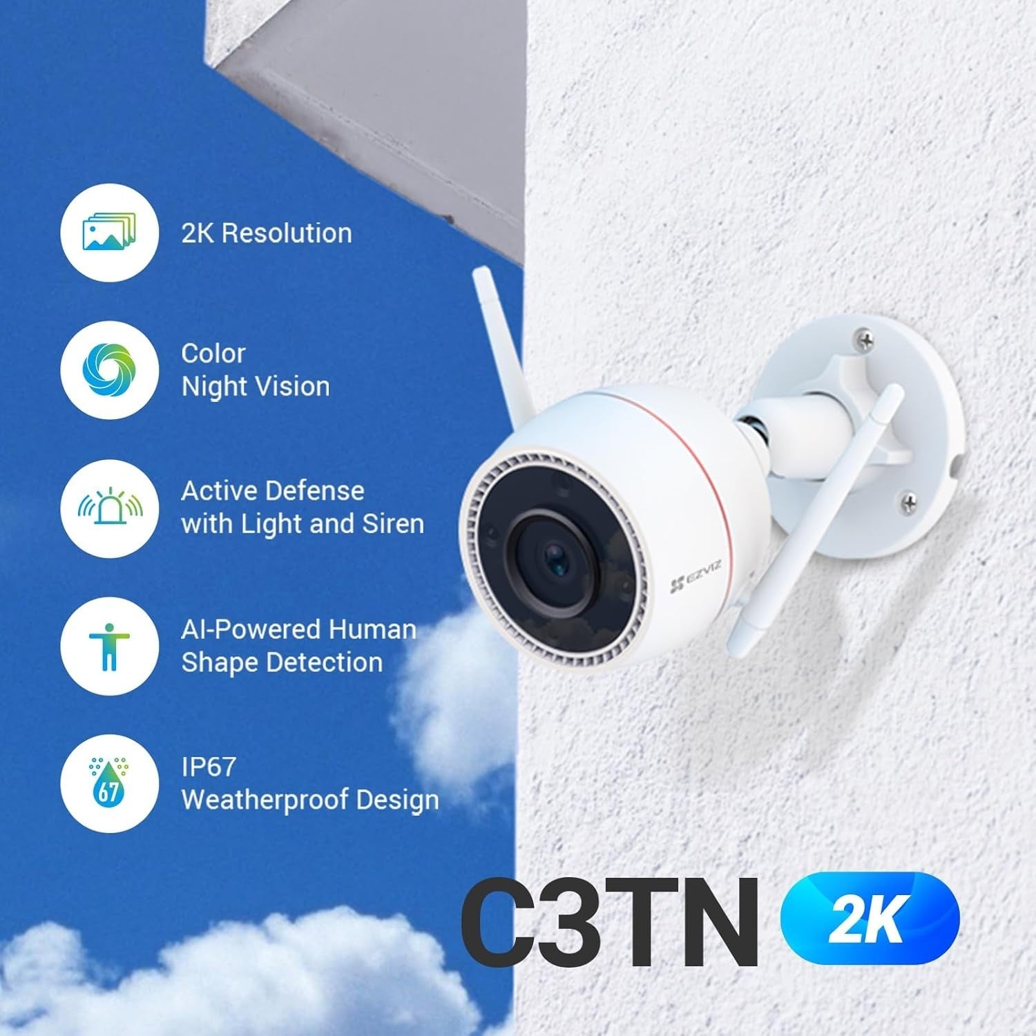 2K Outdoor Security Camera WiFi AI Human Detection Color Night Vision