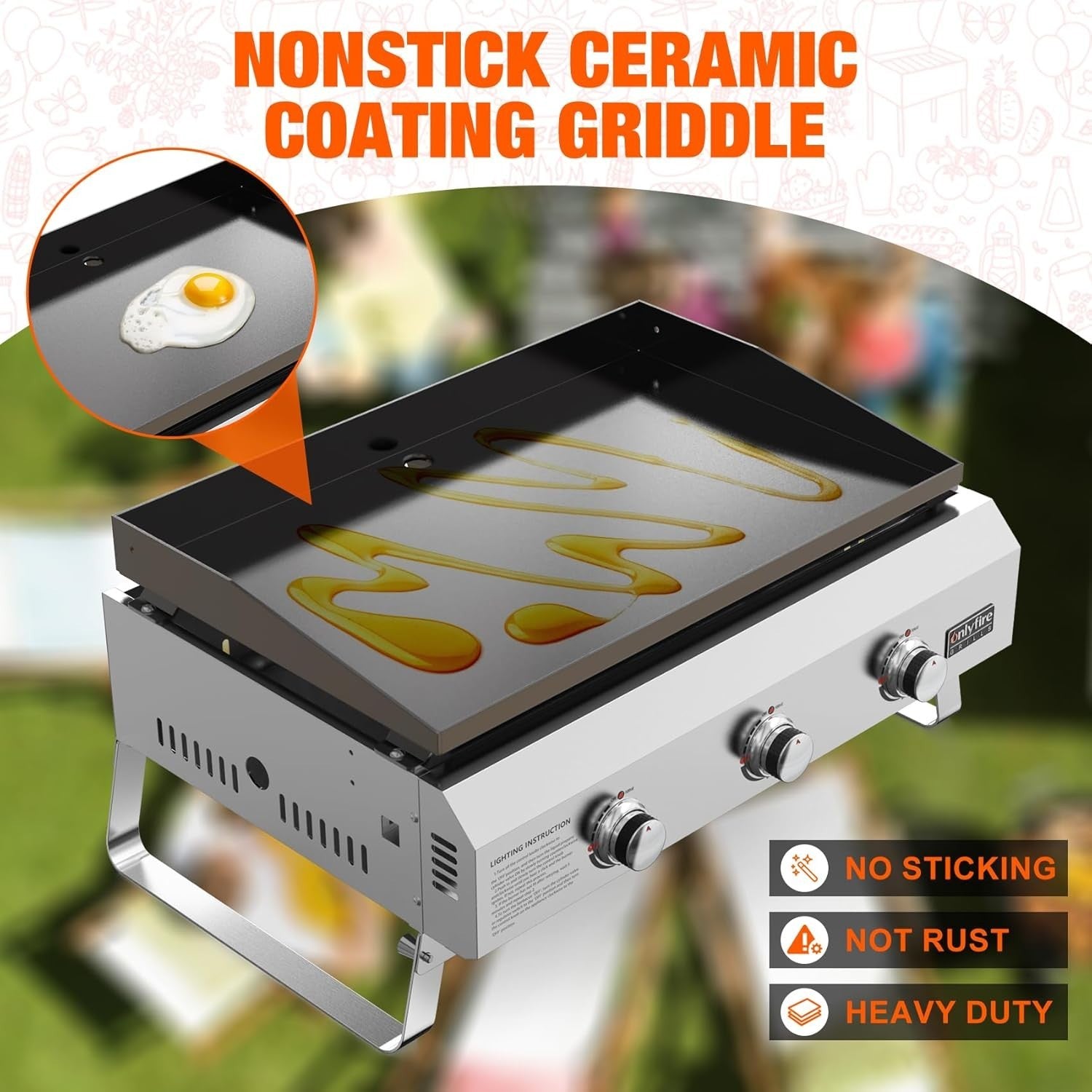 3-Burner Gas Plancha Tabletop BBQ Grill Non-Stick Ceramic Griddle