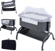 Baby Bedside Crib Adjustable Bassinet with Mattress Newborn Sleeper Dark Grey