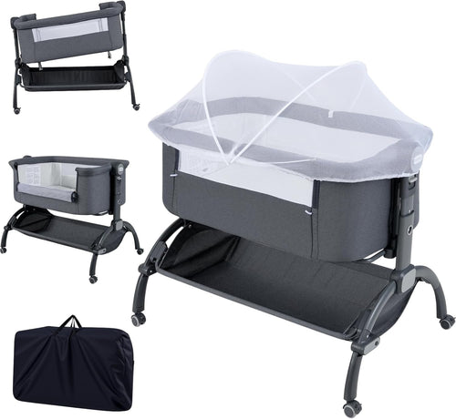 Baby Bedside Crib Adjustable Bassinet with Mattress Newborn Sleeper Dark Grey