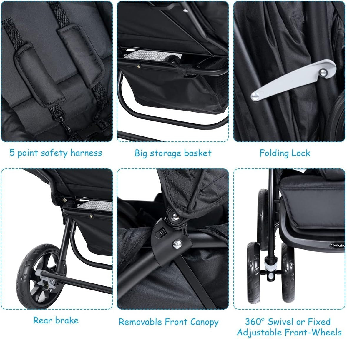 Twin Tandem Baby Stroller Black Foldable Double Seat 5-Point Harness Sunshade