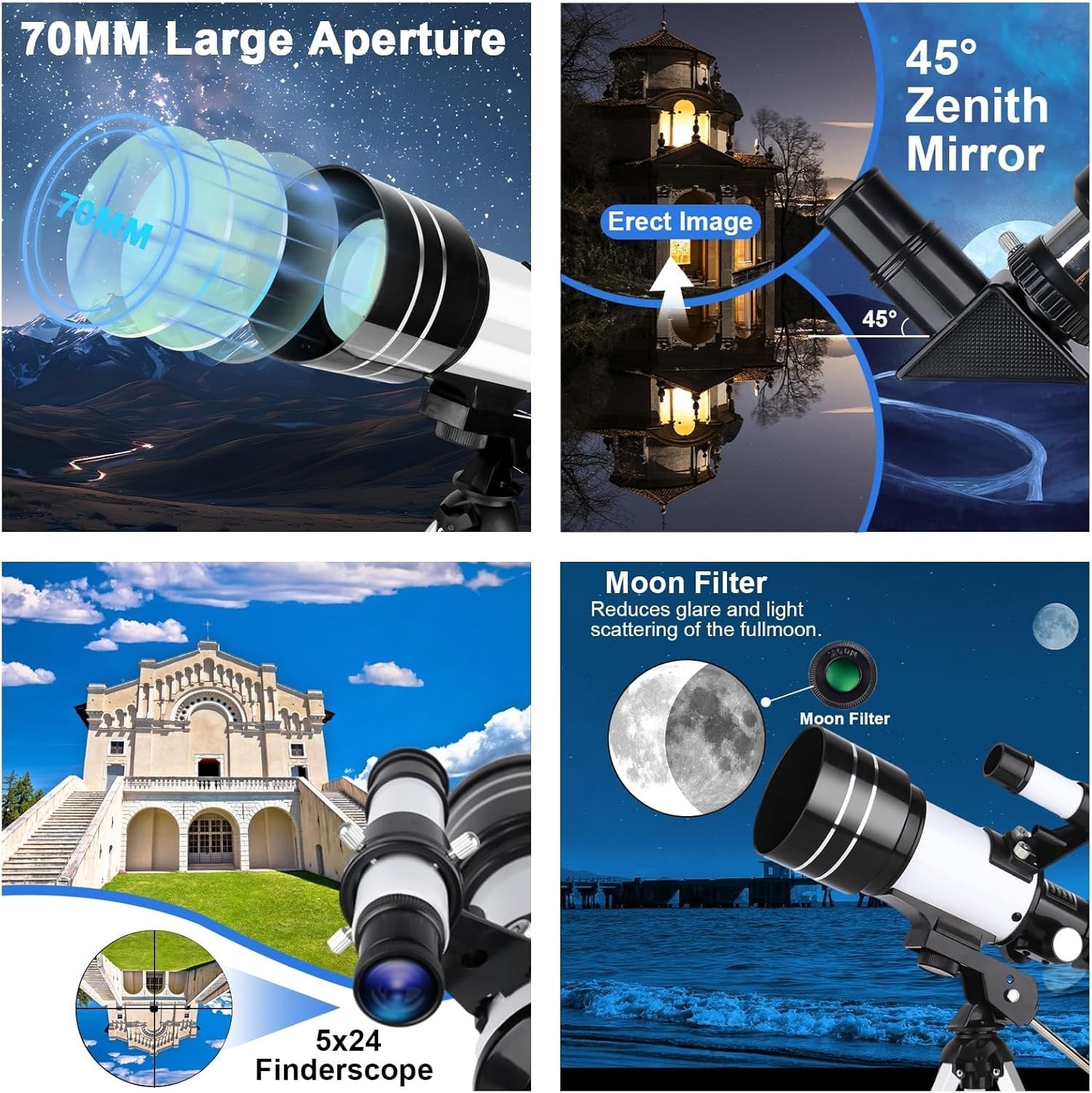 70mm Refractor Telescope 300mm for Kids & Adults, White with Tripod