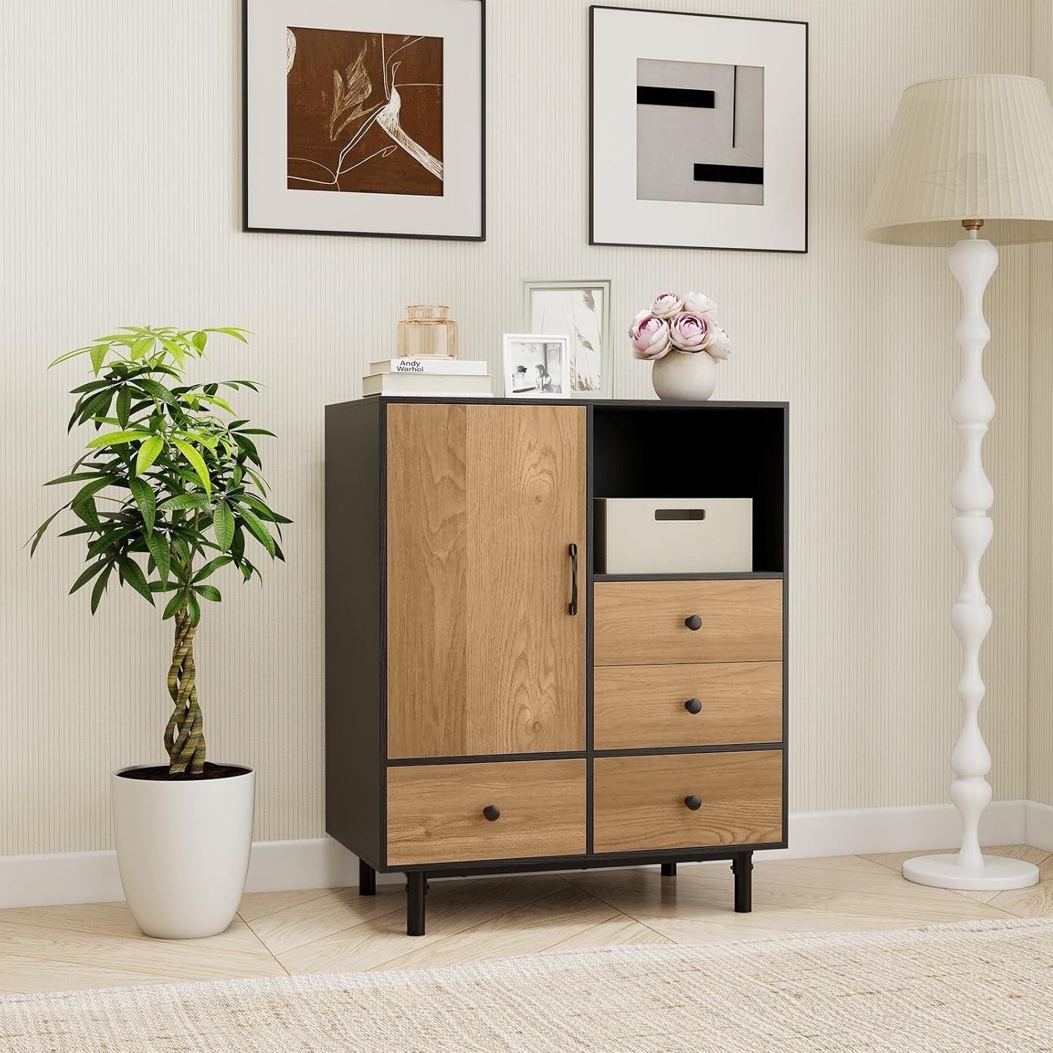 Modern 4 Drawer Sideboard Cabinet with Open Shelf & Anti-Tip Safety Black