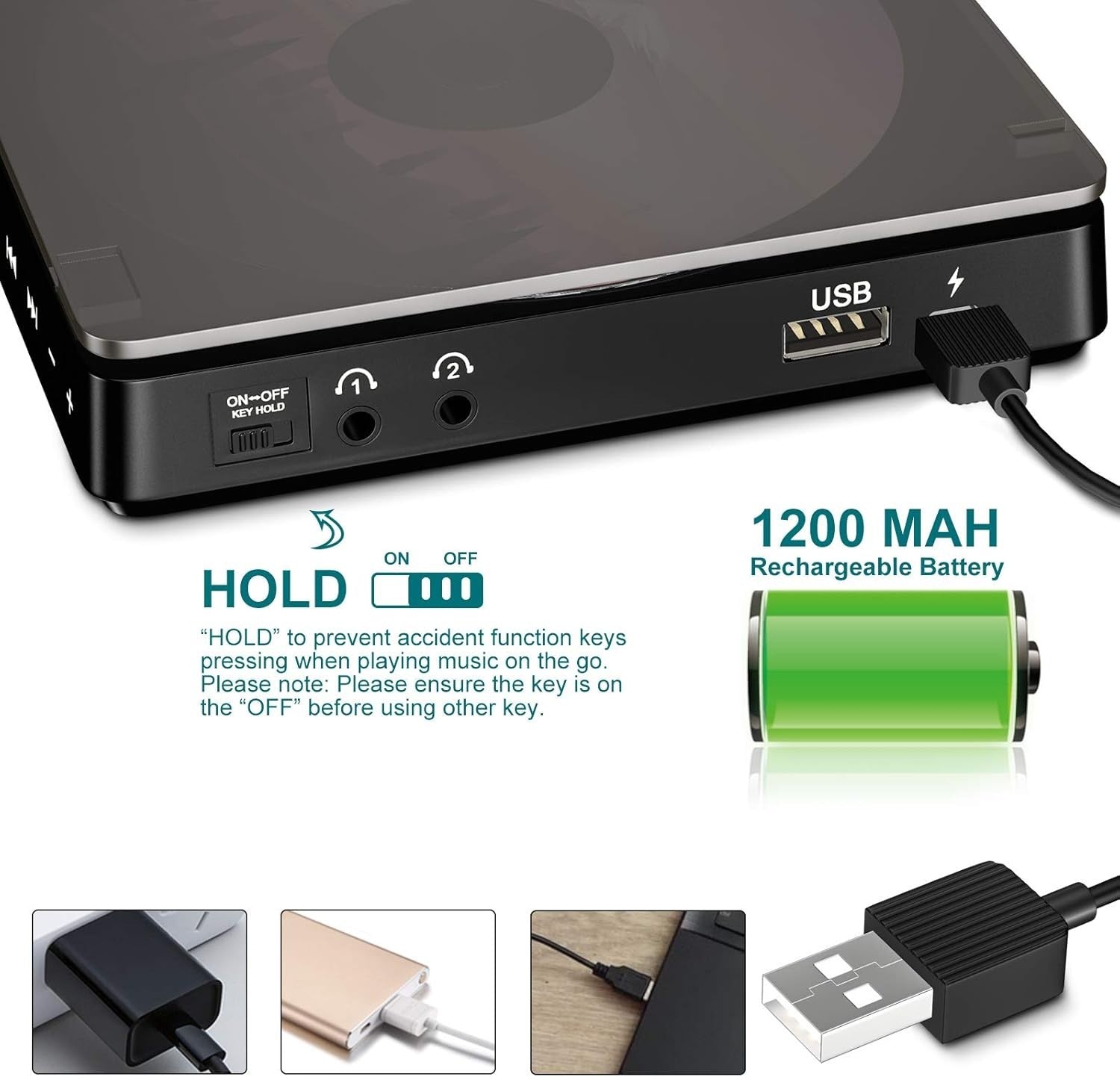 Portable CD Player Rechargeable Anti Skip Dual Headphone Jack