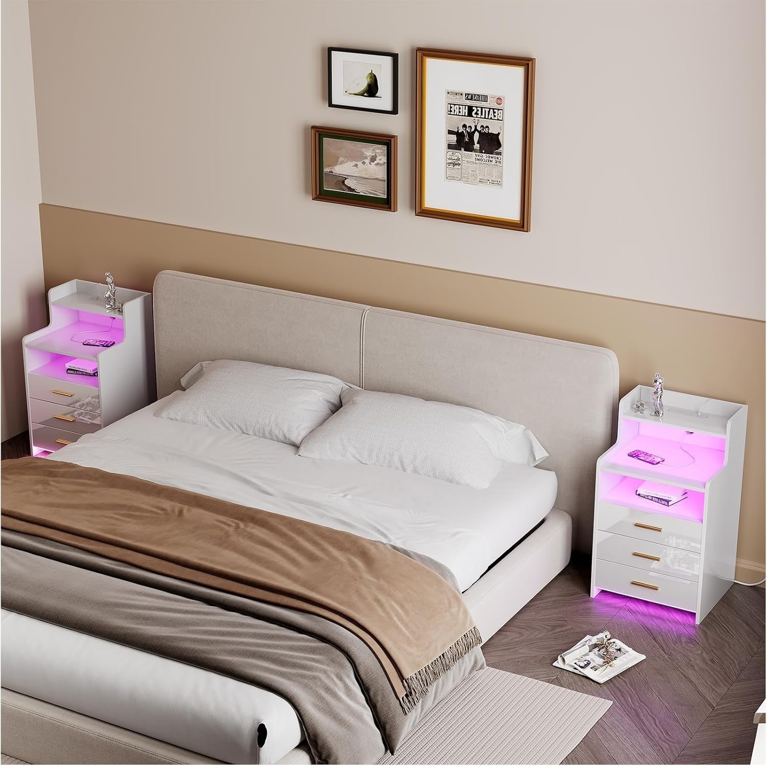 White LED Bedside Table with Power Socket, RGB Lights & 3 Drawers