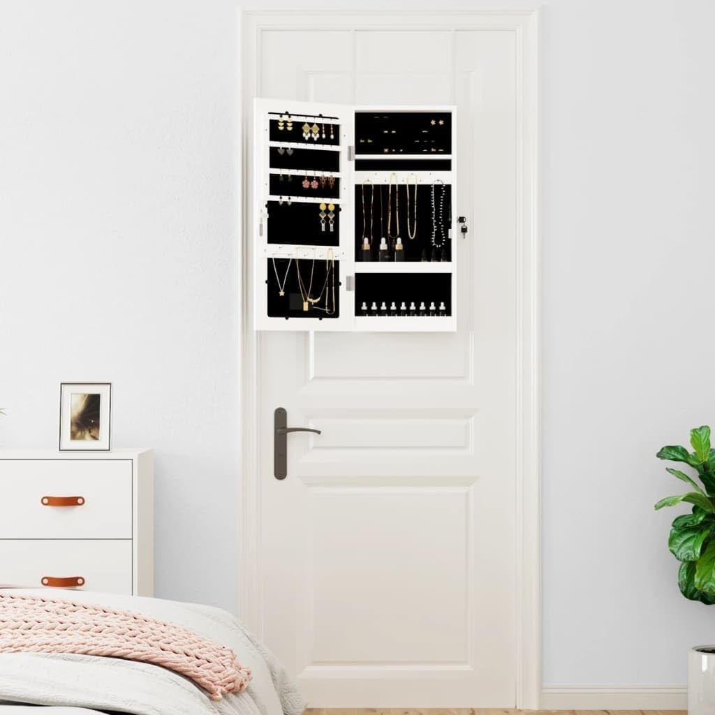 Compact LED Wall Jewelry Cabinet Frameless Mirror Lockable Storage White