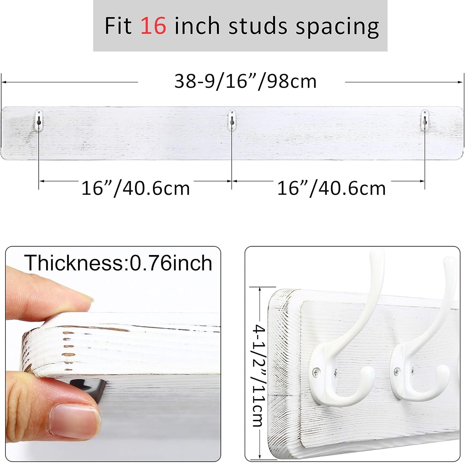 Wall Mounted Coat Rack 10 Hooks | 98cm Wooden Hanging Hook Rail White