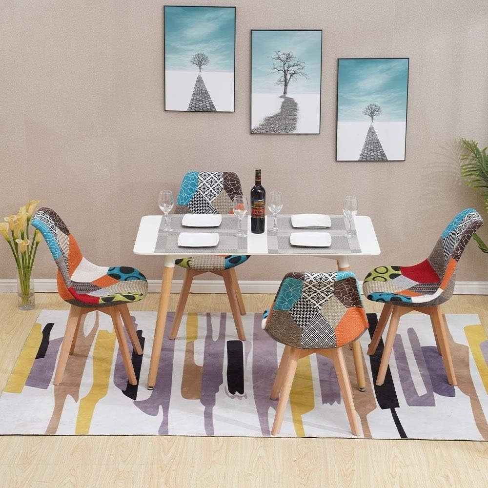 Modern Retro Dining Table & 4 Patchwork Chairs Set | Solid Wood Kitchen