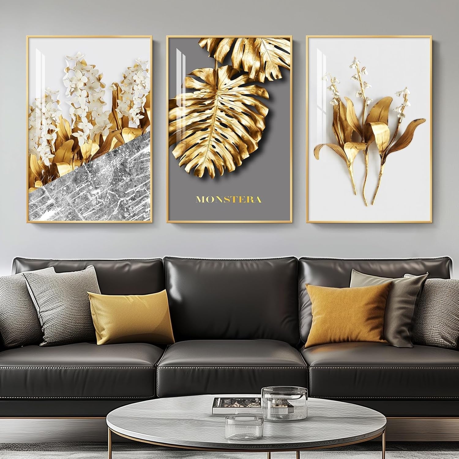 Large Gold Wall Art Set of 3 Framed 30x60 Luxury Leaf