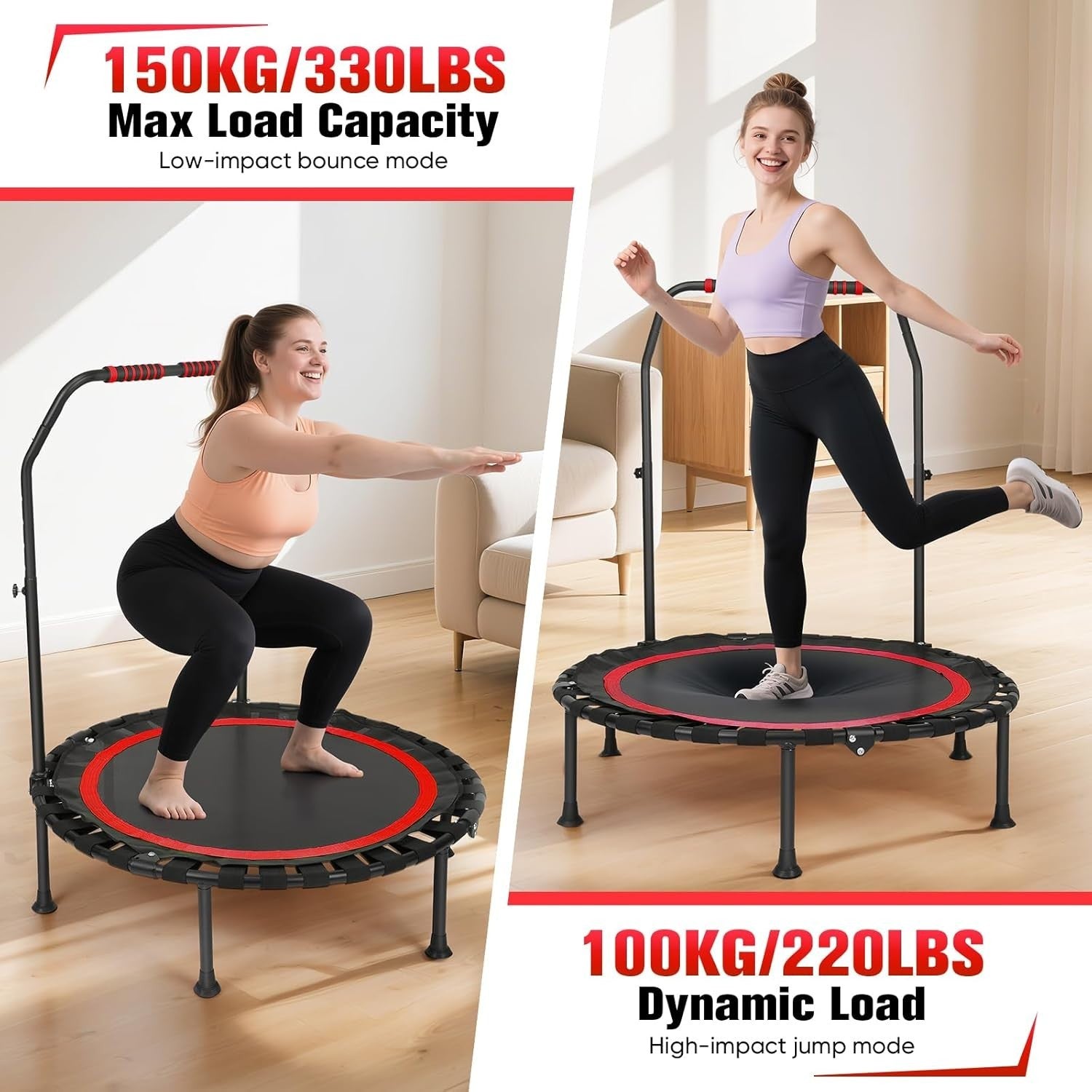 Foldable Fitness Trampoline Indoor w Adjustable Grab Bar Quiet 150kg