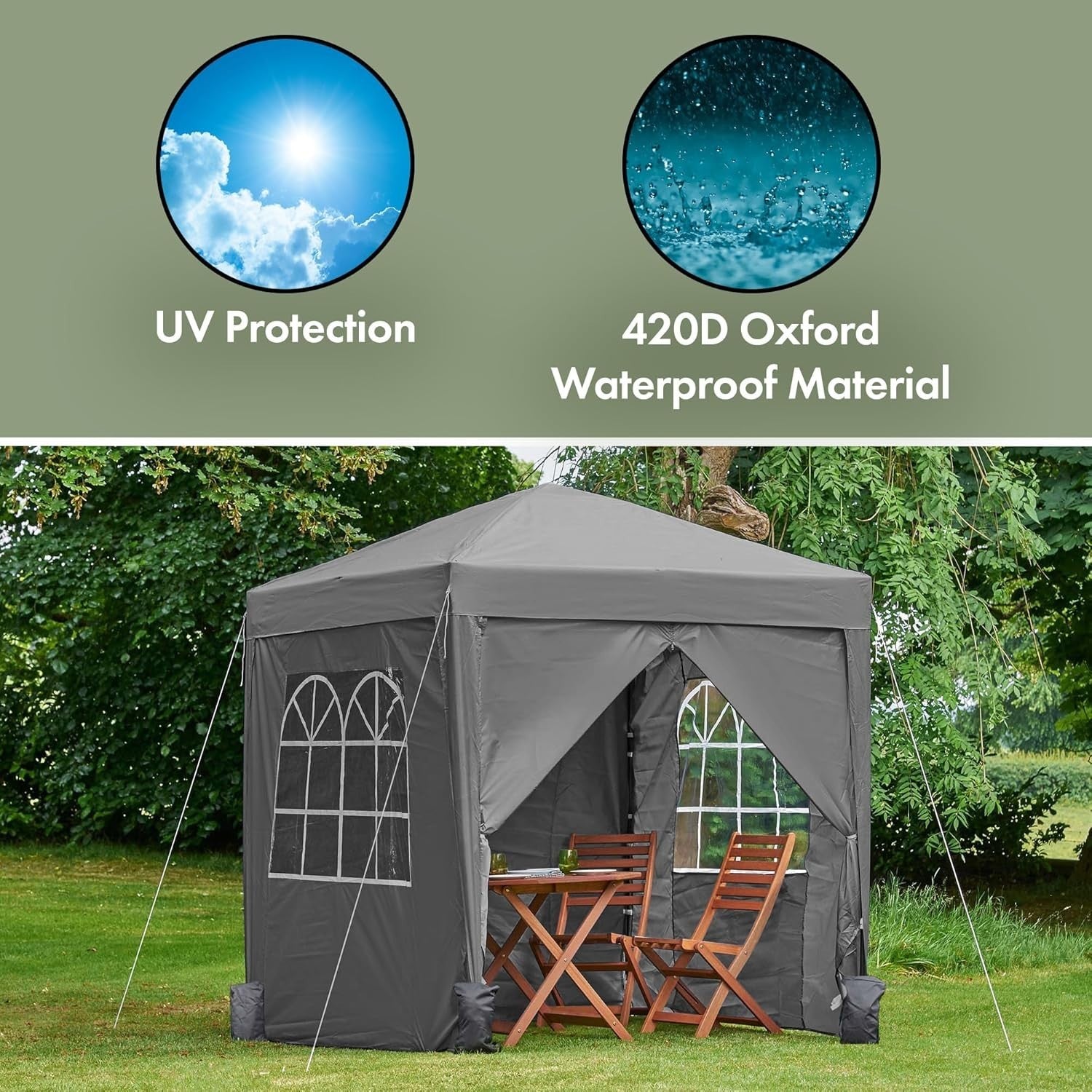 2x2M Grey Pop Up Gazebo With Removable Sides Waterproof Garden Party Tent