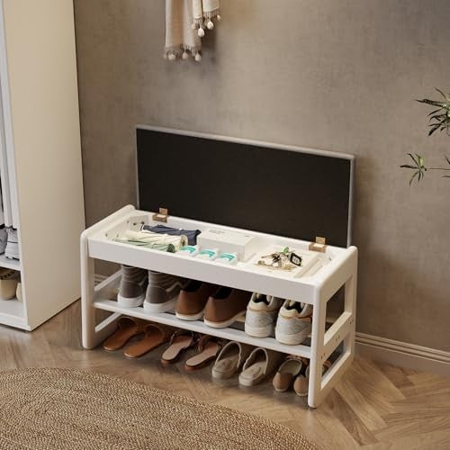 Small Flip-Top Shoe Bench with Linen Cushion | 2-Tier White Shoe Rack Entryway