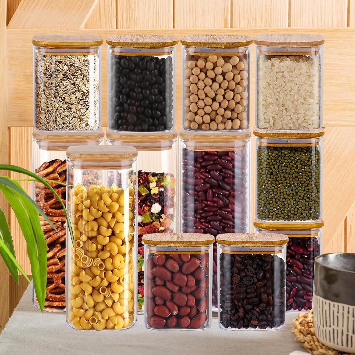 12 Pack Glass Storage Jars with Bamboo Lids Airtight Kitchen Canisters