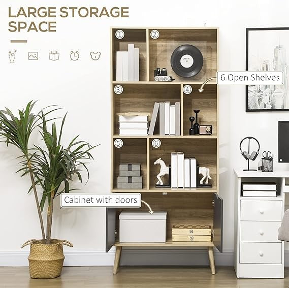 Modern Freestanding Bookcase with Cabinet, 6 Open Shelves, Tall Storage Unit