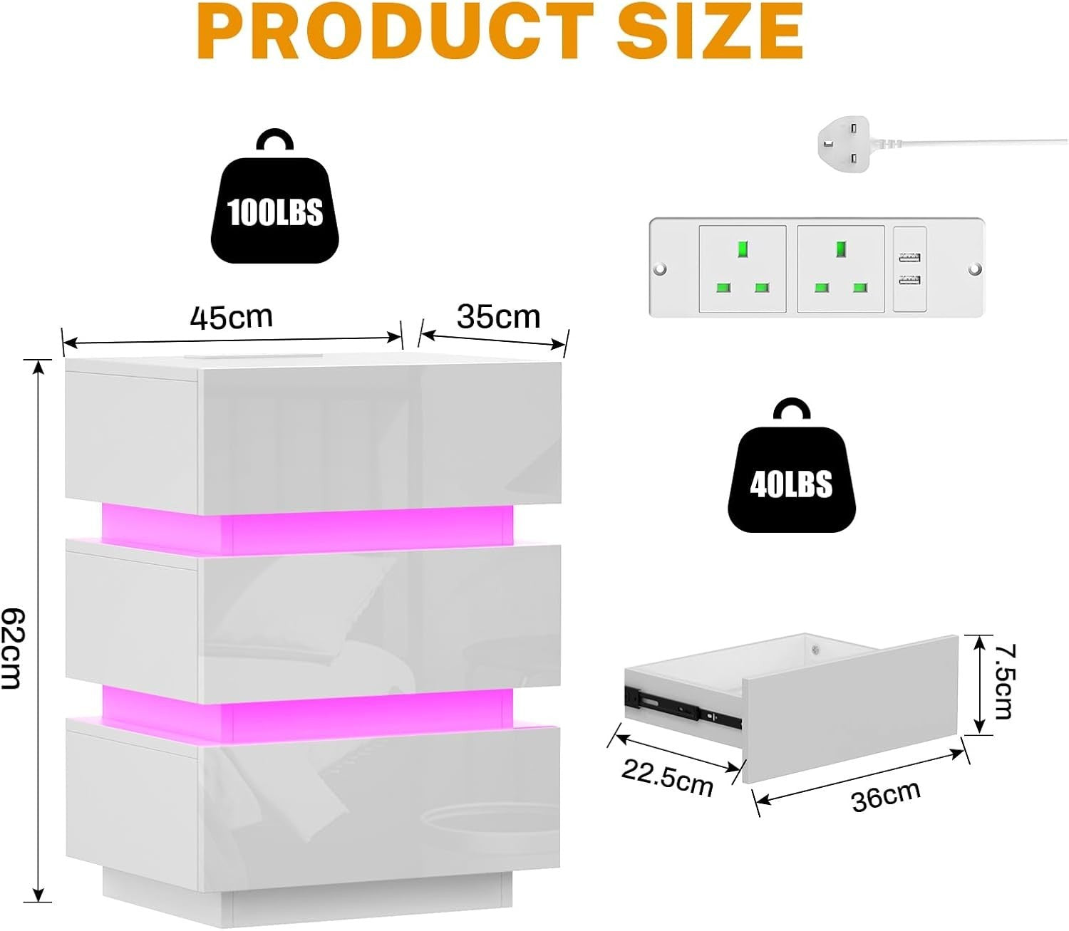 White LED Bedside Table with Power Socket, RGB Lights & 3 Drawers – Modern