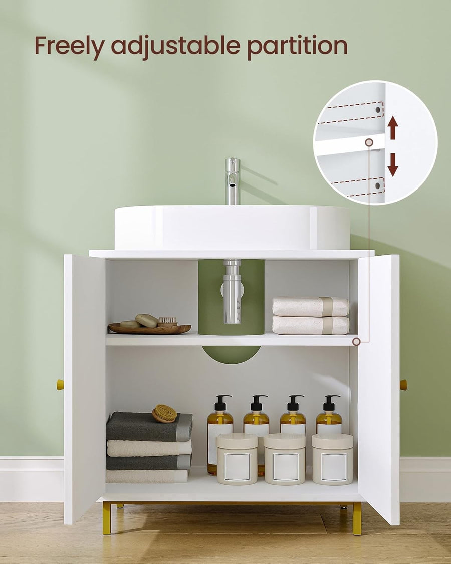 Luxury White Under Sink Cabinet with Shelf & Gold Legs – Bathroom Storage 63cm