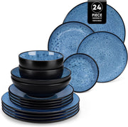 24pc Stoneware Dinnerware Set Blue Plates Bowls Vintage Reactive Glaze
