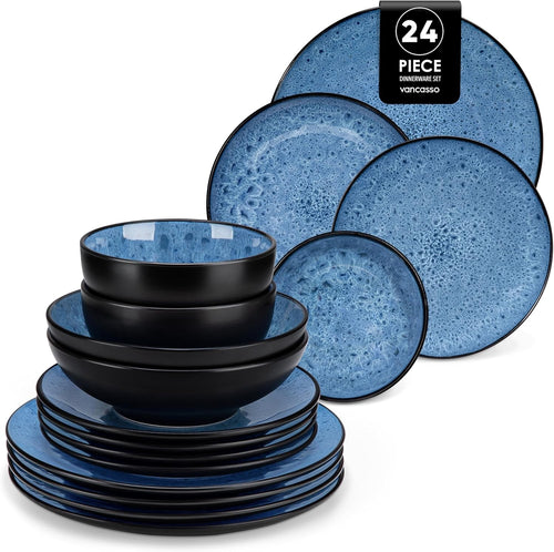 24pc Stoneware Dinnerware Set Blue Plates Bowls Vintage Reactive Glaze