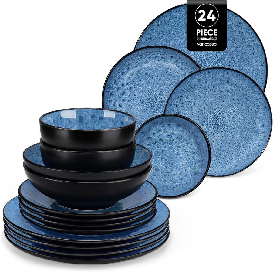 24pc Stoneware Dinnerware Set Blue Plates Bowls Vintage Reactive Glaze