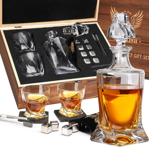 Luxury Whiskey Decanter Gift Set Crystal Glasses Wooden Box Steel Ice Cubes Men