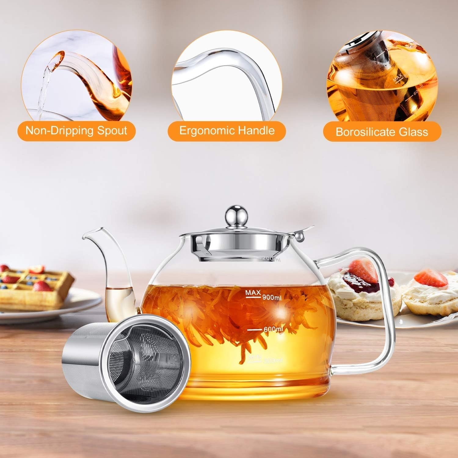 Glass Teapot 1200ml with Stainless Steel Infuser Loose Leaf Tea Pot
