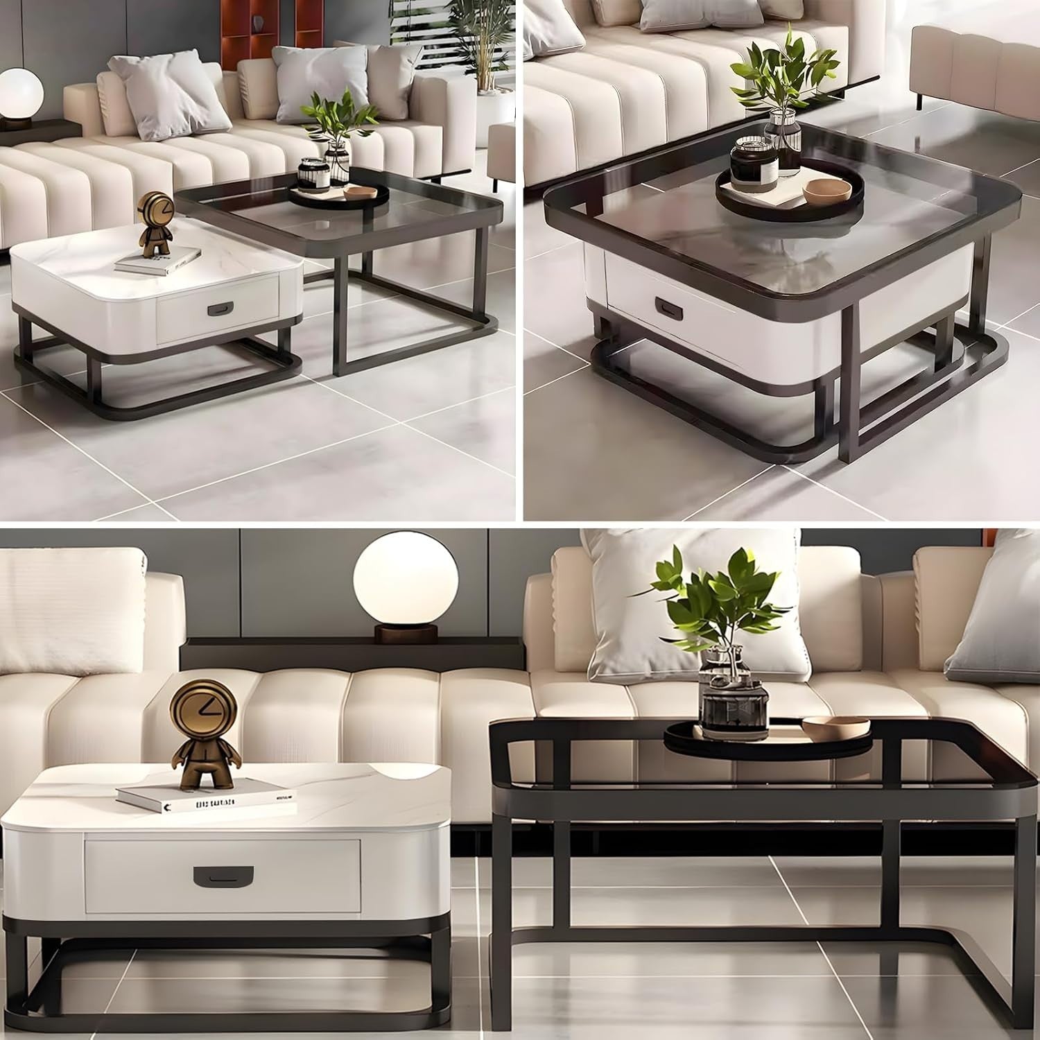 2-in-1 Nesting Coffee Table Set w/ Storage Drawer, Marble & Glass Top, Space.
