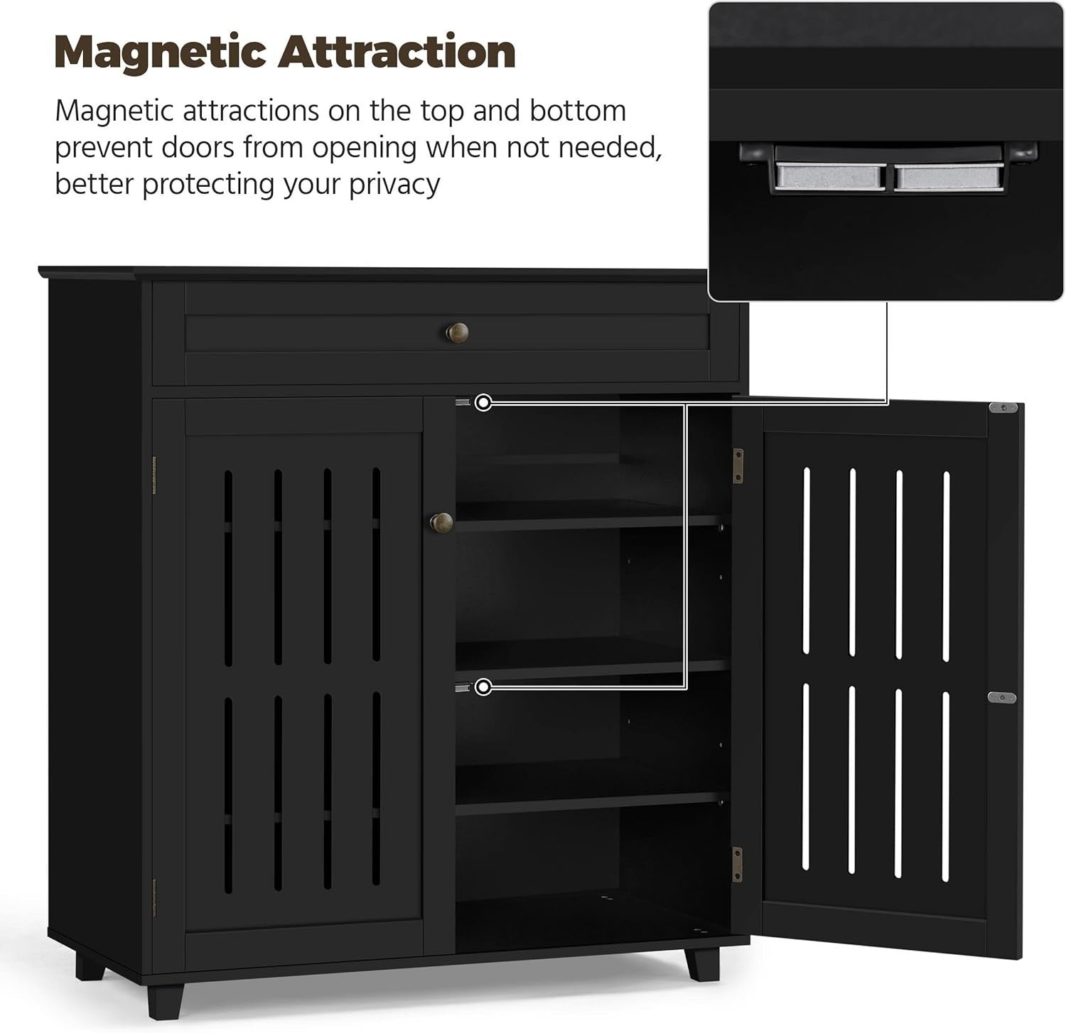 4-Tier Black Shoe Cabinet with Drawer & Adjustable Shelves – Space Saver