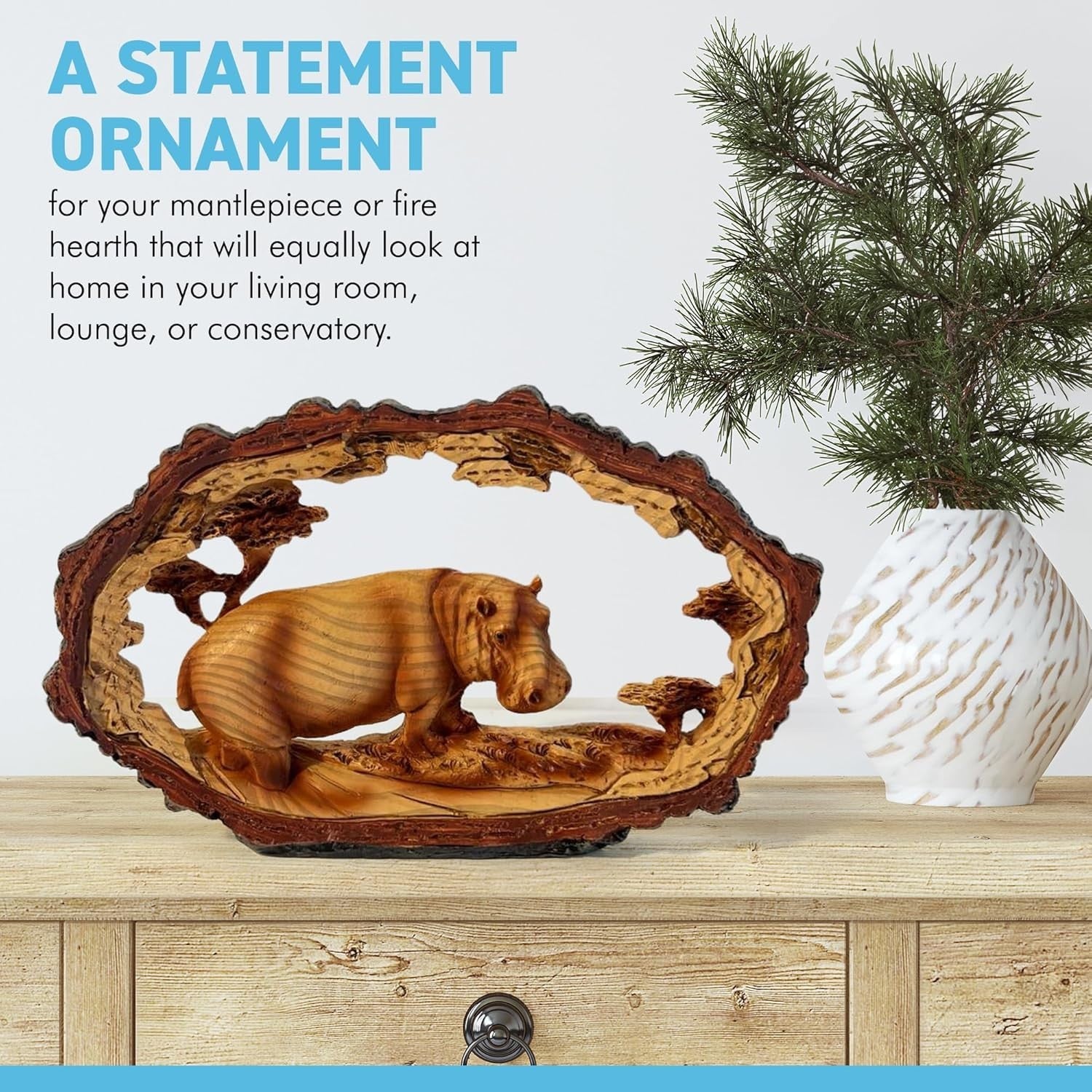 Graceful Hippo Ornament Wood-Effect Resin | Wildlife Home Decor Gift 18cm