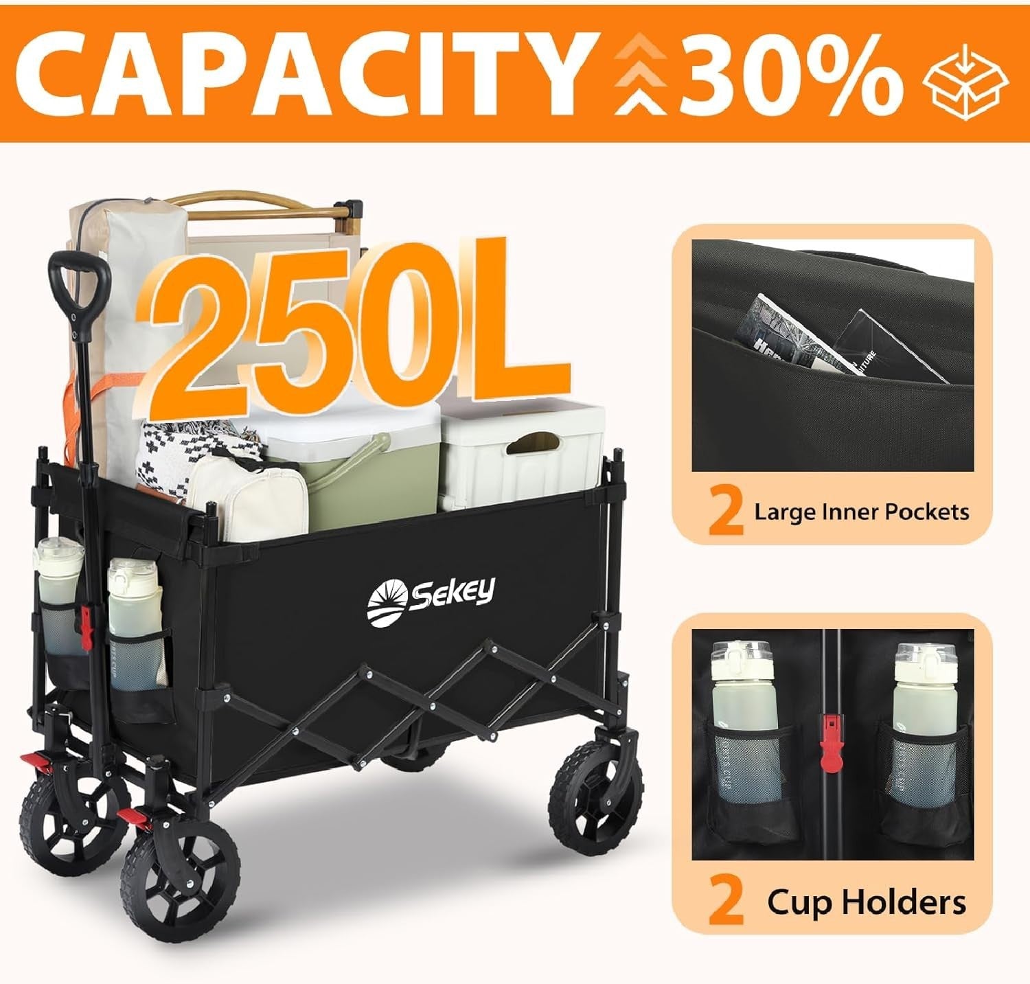 Black 250L Folding Camping Wagon 180kg Heavy Duty Canopy All Terrain Beach Cart
