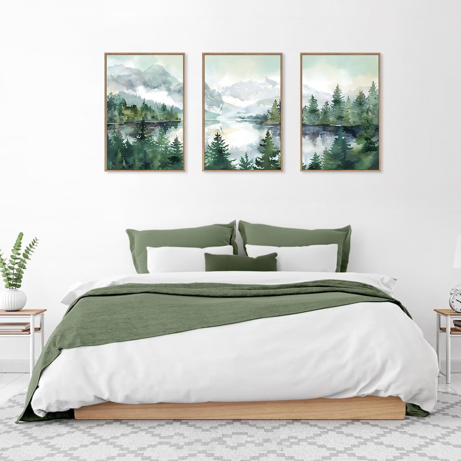 Watercolor Mountain Framed Canvas Wall Art Set Forest Landscape 16x24