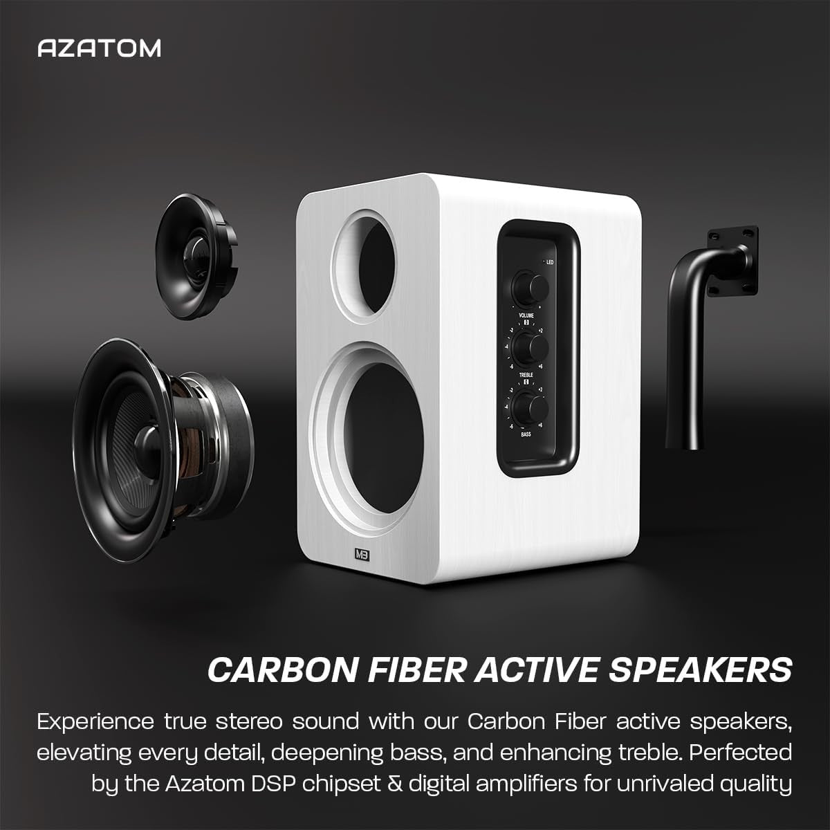 60W Bluetooth Bookshelf Speakers White 24bit DAC Carbon Fibre Optical