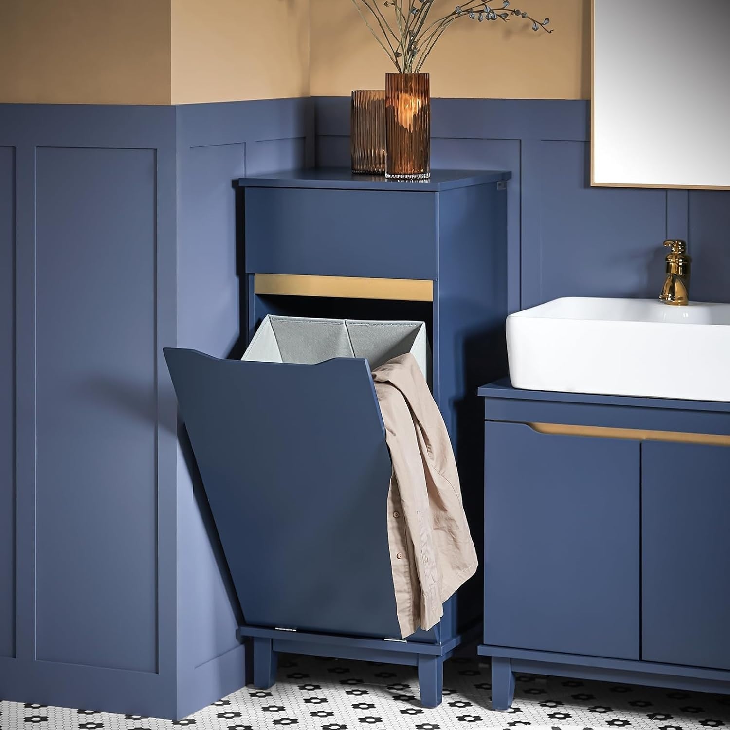 Slim Laundry Storage Cabinet with Built-In Basket & Drawer, Navy Blue