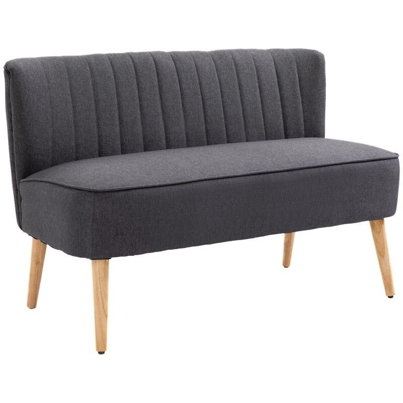 Compact 2 Seater Sofa Dark Grey Linen Padded Seat Wood Legs Small Space