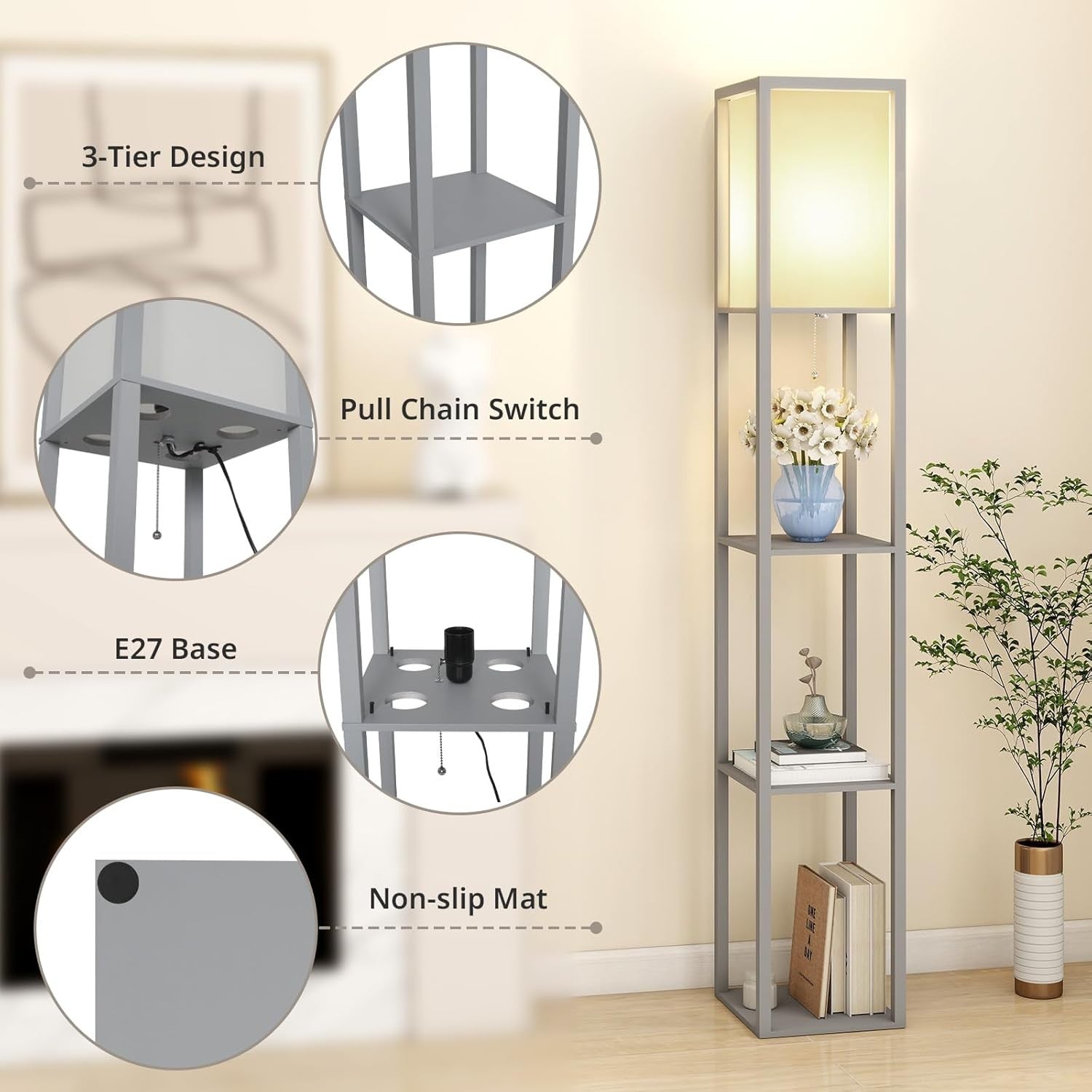LED Floor Lamp with Shelves Storage Standing Light Dimmable E27 Modern Grey