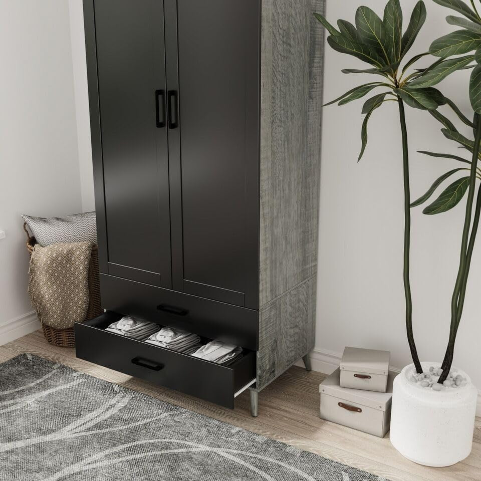 Black 2 Door Wardrobe with Drawers & Rail – Tall Bedroom Storage Unit