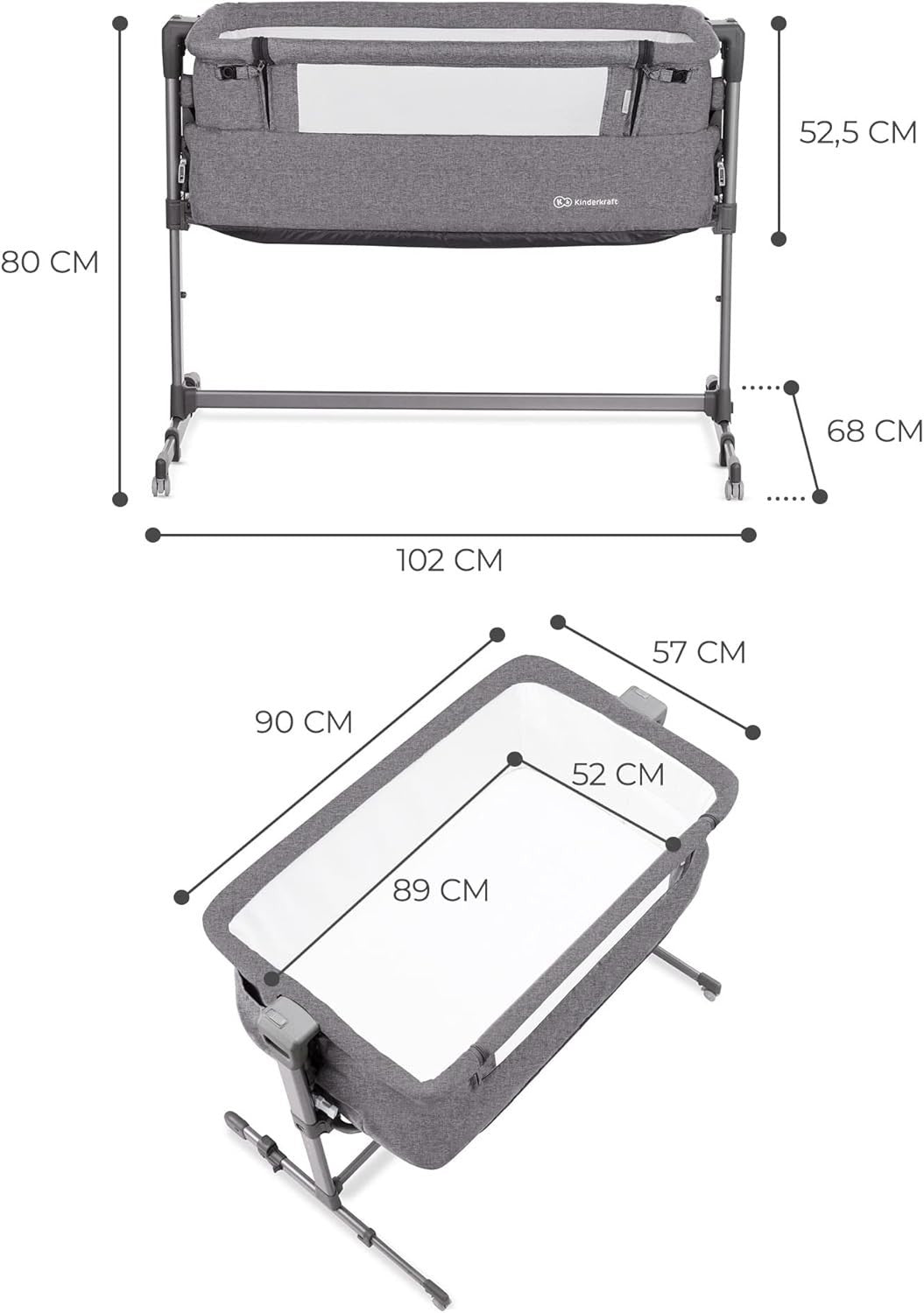 Bedside Baby Crib Co-Sleeper Cot Adjustable Height Travel Bassinet Melange Grey