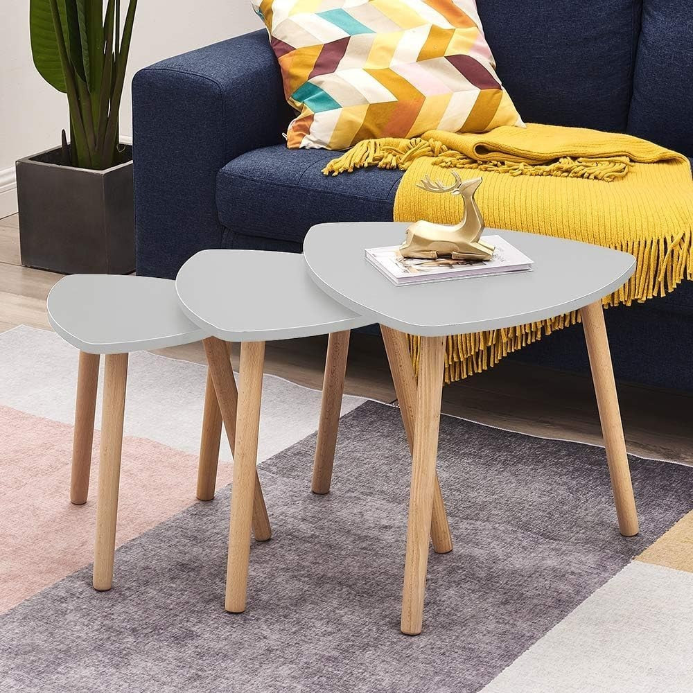Nest of 3 Modern Coffee End Tables Gray Triangular Wood Space Saving Set