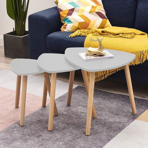 Nest of 3 Modern Coffee End Tables Gray Triangular Wood Space Saving Set