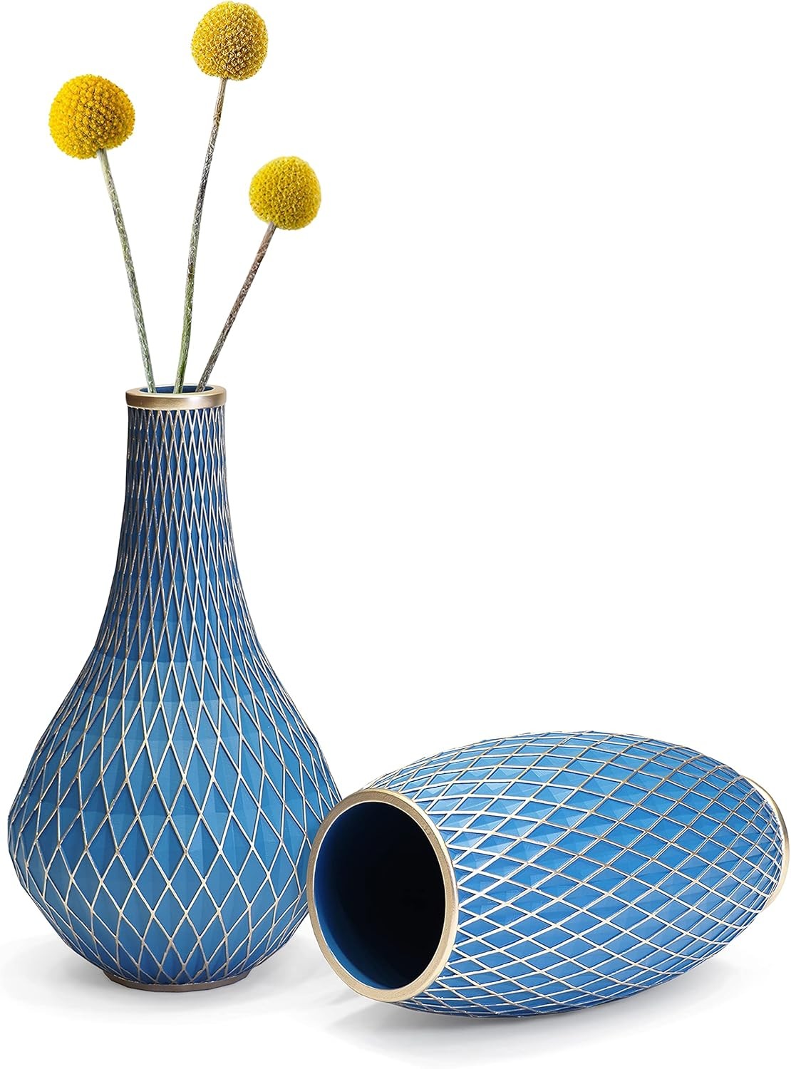 Large Blue Gold Decorative Floor Vase 28.5cm Modern Diamond Pattern Décor