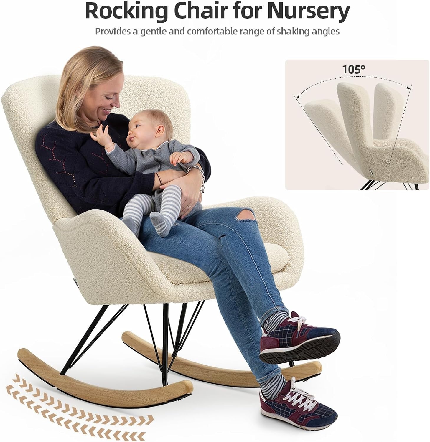 Comfortable Beige Cashmere Rocking Chair Recliner with Metal Frame & Cushion