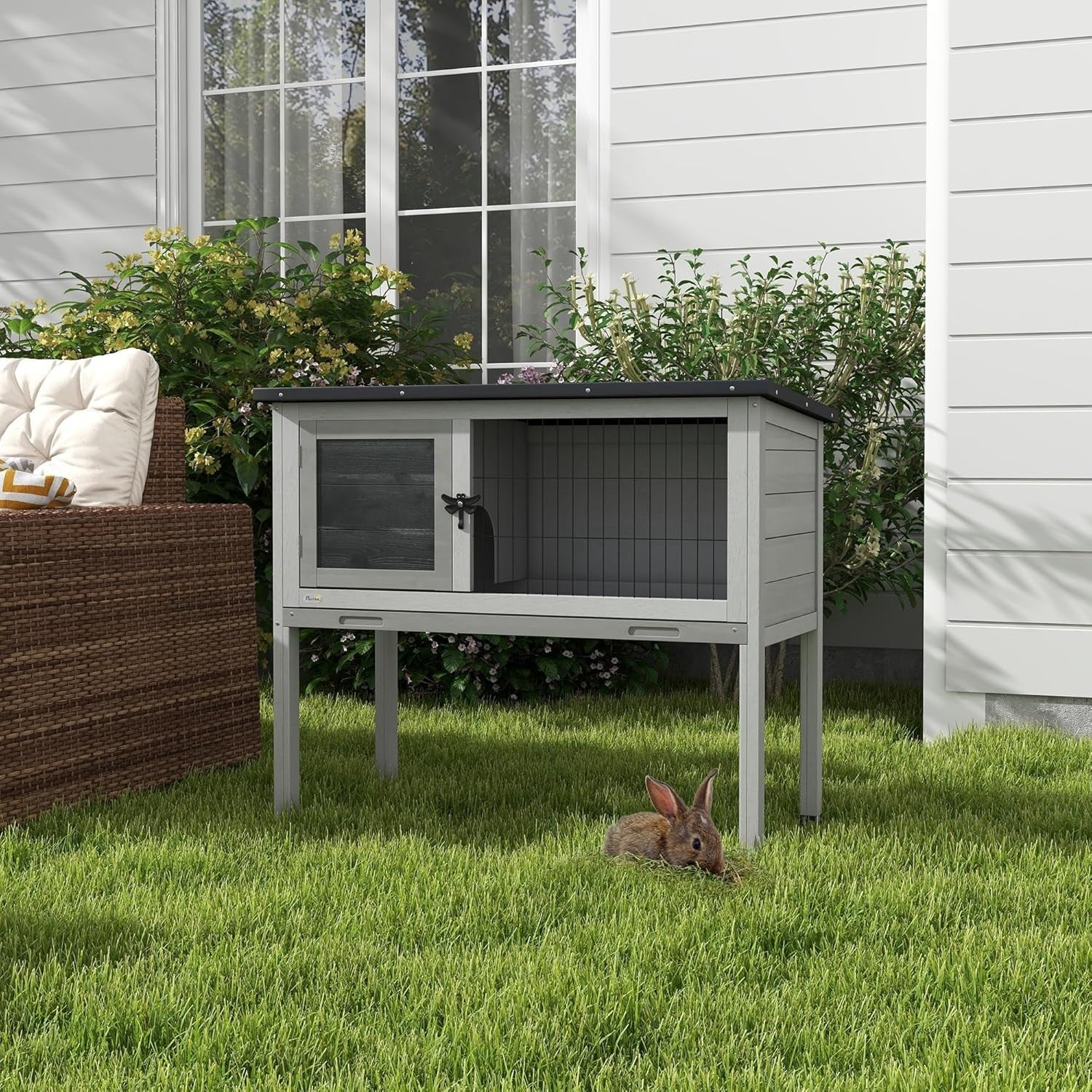 Guinea Pig Hutch Wooden Small Animal Cage Raised Outdoor with Tray Roof