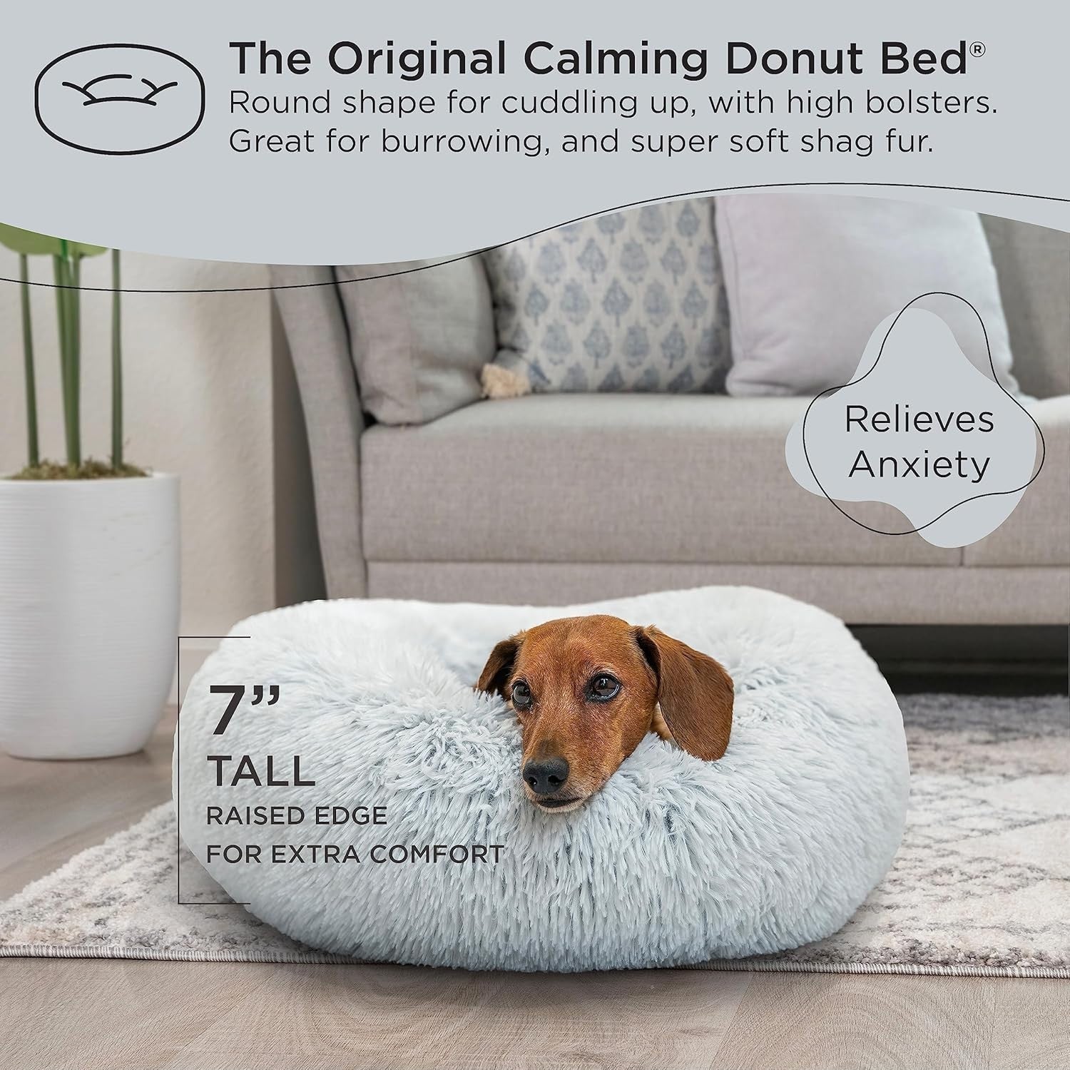 Calming Donut Dog Bed 23x23 Shag Fur Anti Anxiety Small Frost