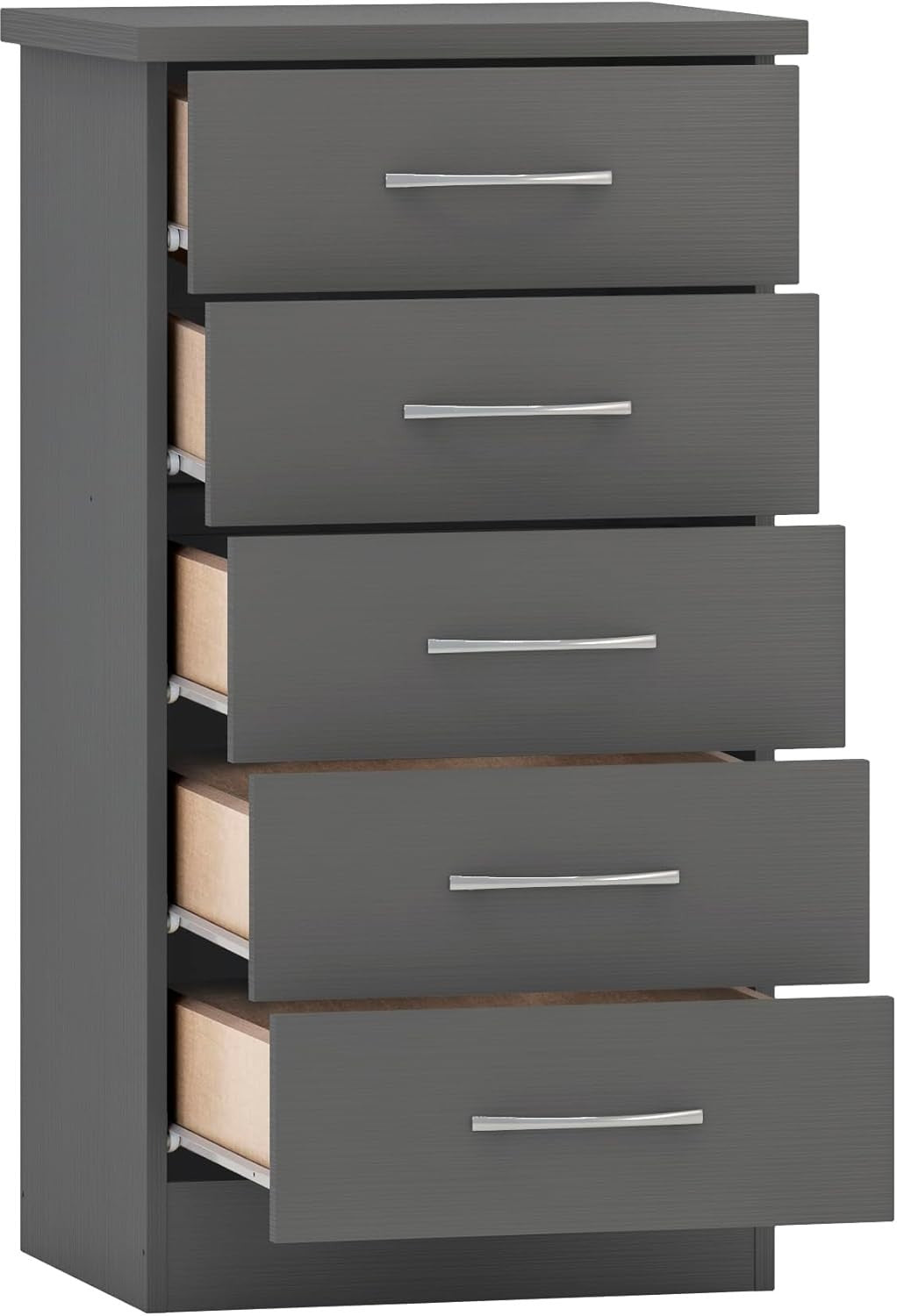 Narrow 5 Drawer Chest Grey Storage Unit - Compact, Modern & Wall-Mountable