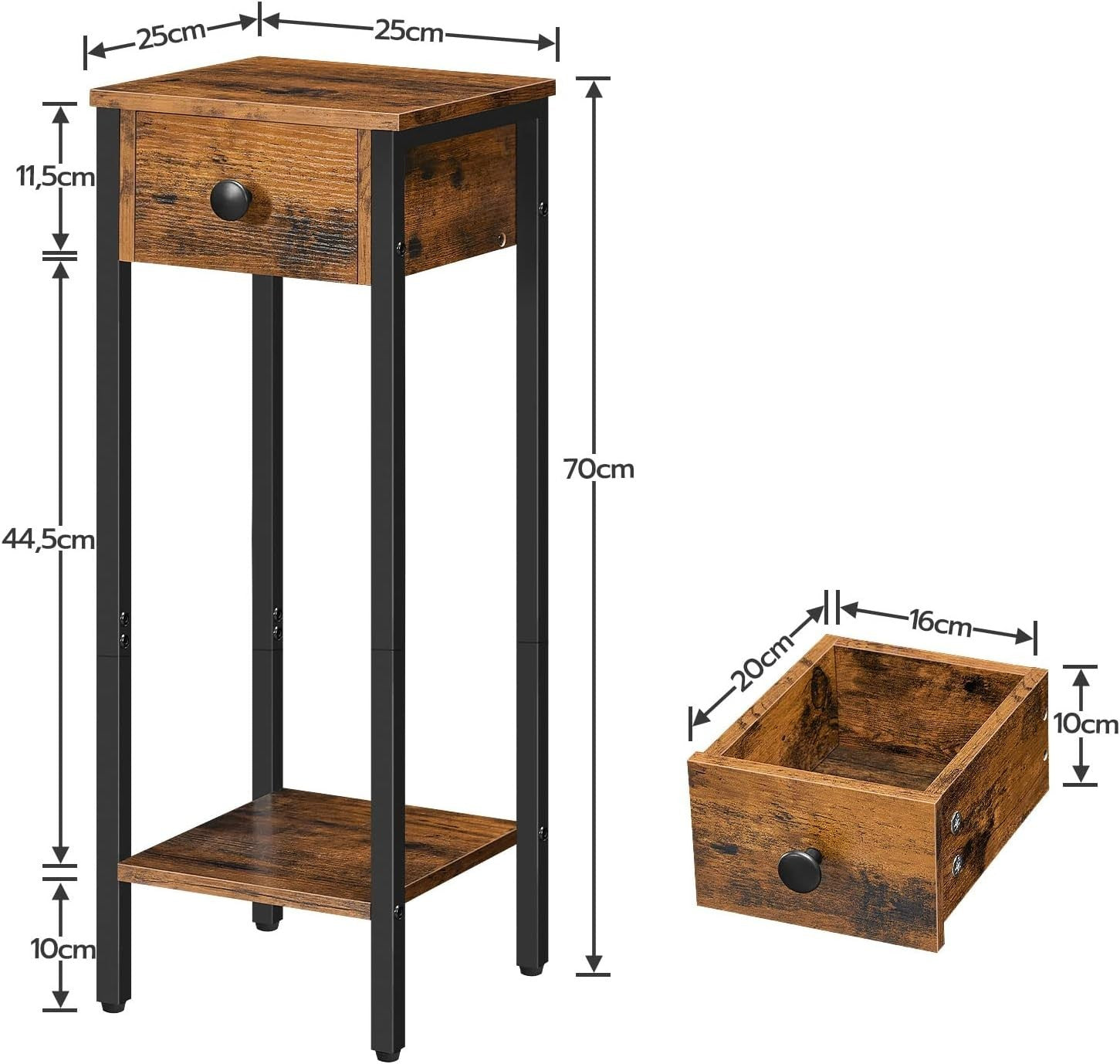 Slim Bedside Table with Drawer Small Narrow Nightstand 25x25x70cm Rustic