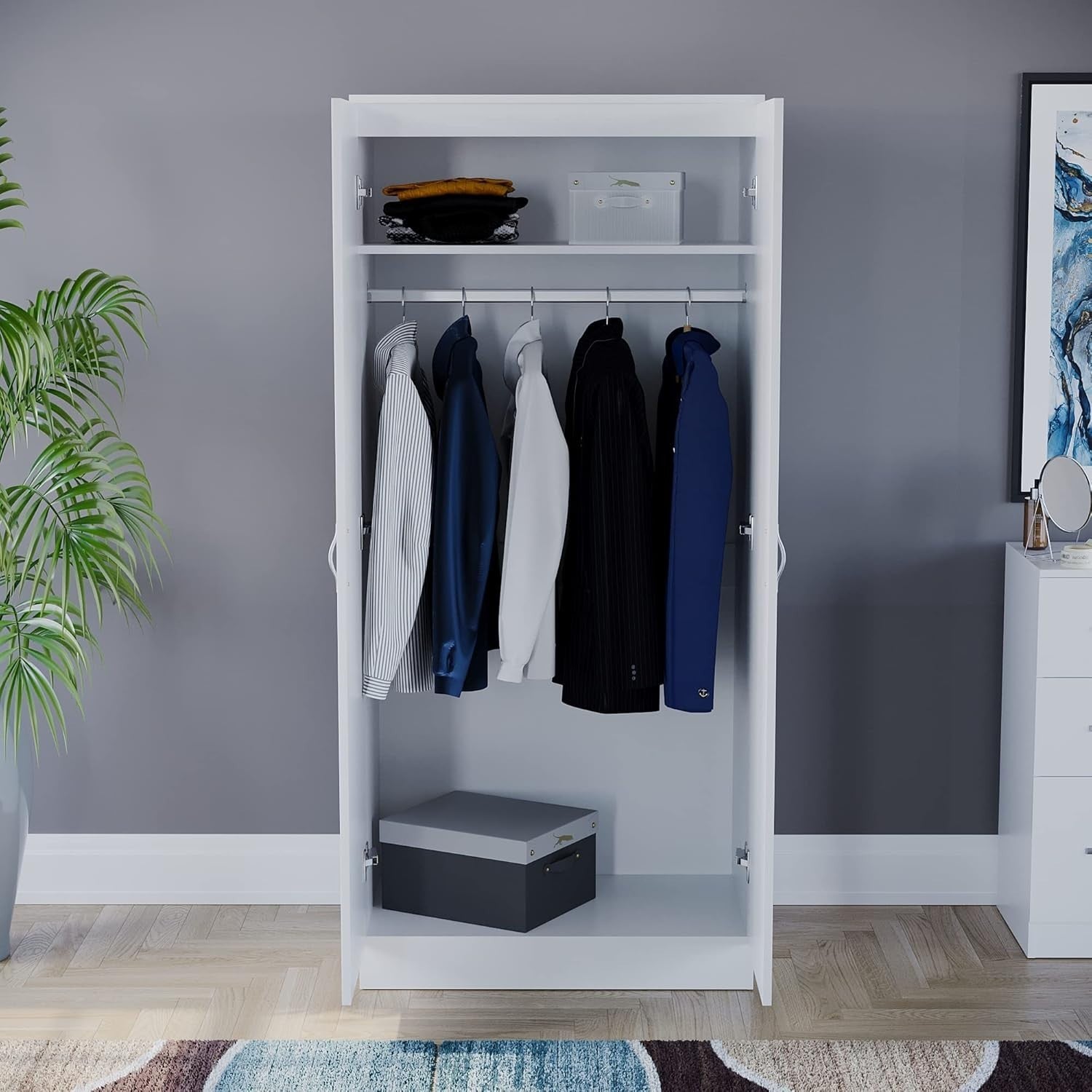 White 2 Door Bedroom Wardrobe with Hanging Rail & Shelf | Storage Unit
