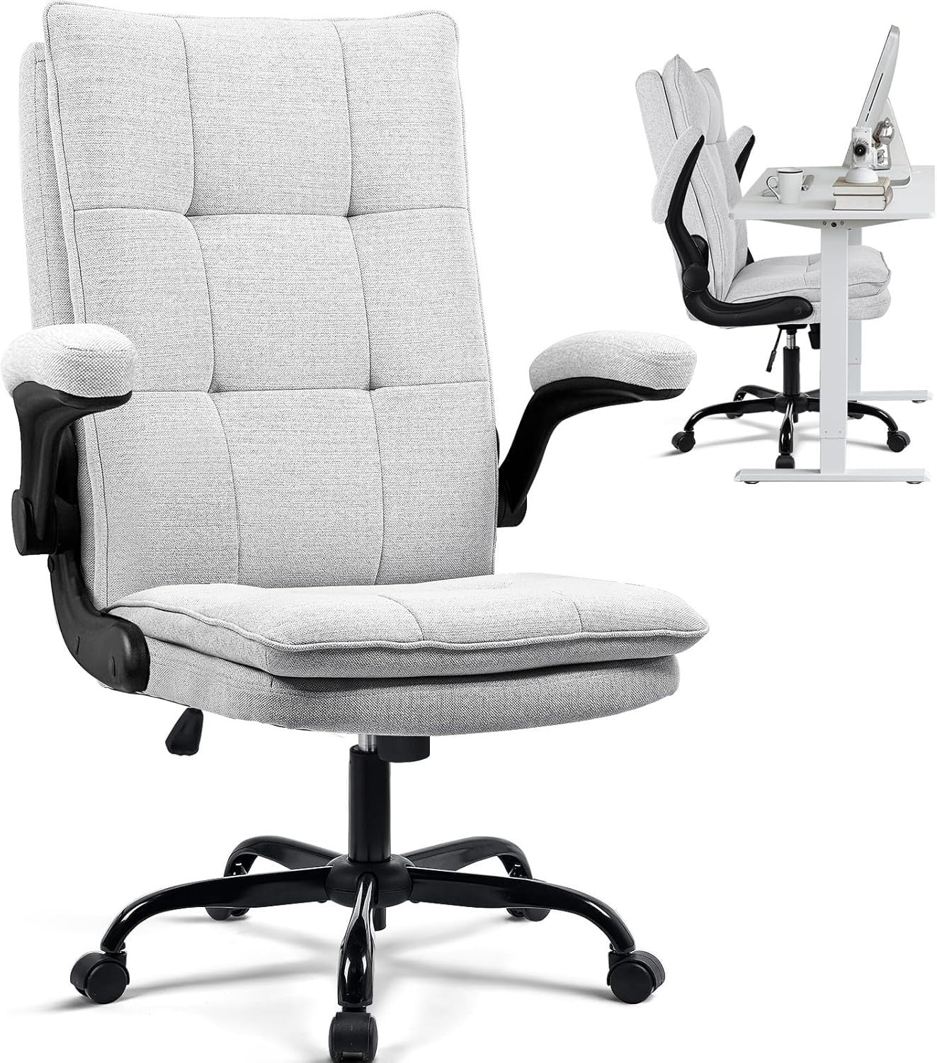 Ergonomic Grey Office Chair w/Flip-Up Arms, Thick 5.5" Cushion, High Back, Tilti
