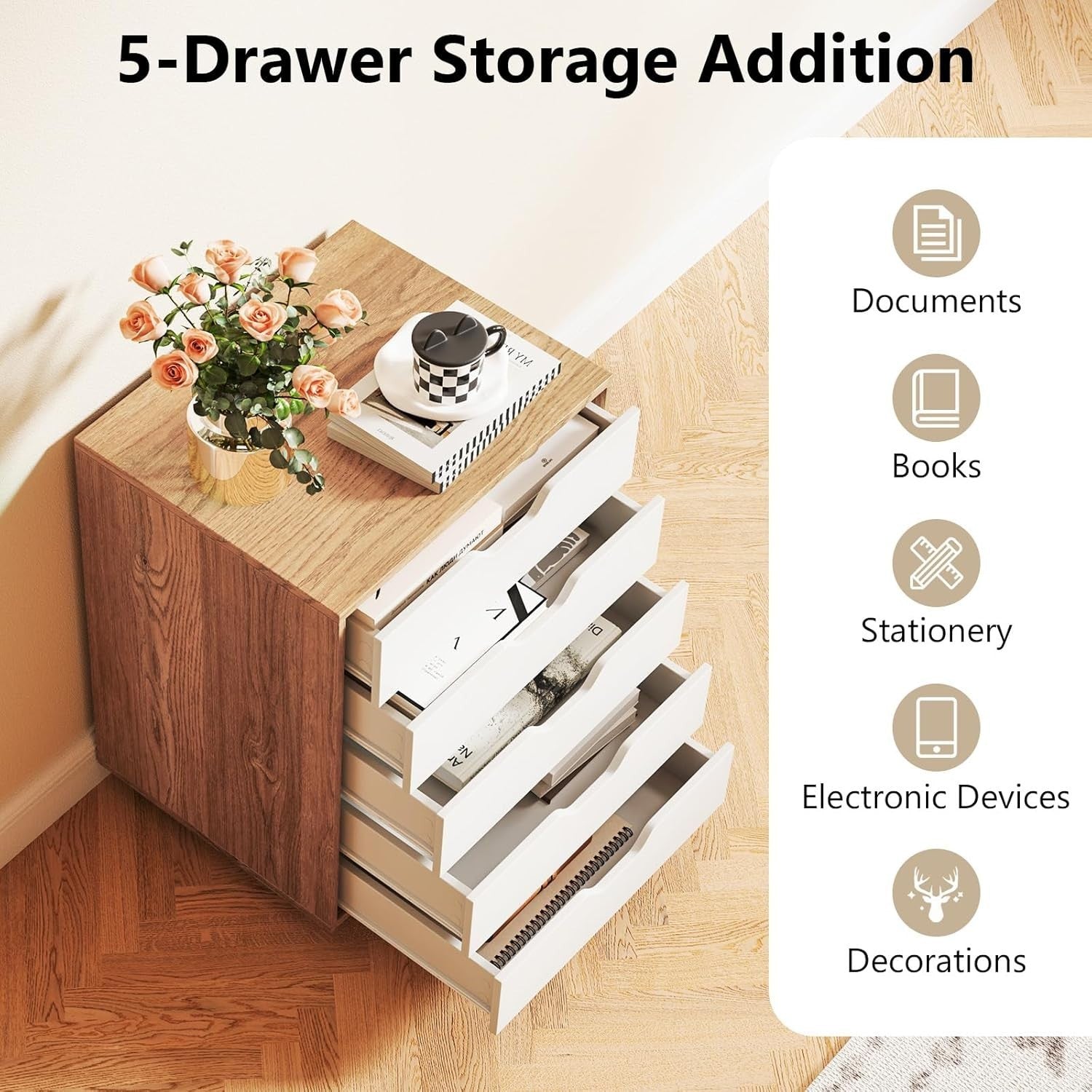 Natural White Mobile Filing Cabinet 7 Drawer Storage Unit Wheels for Home Office