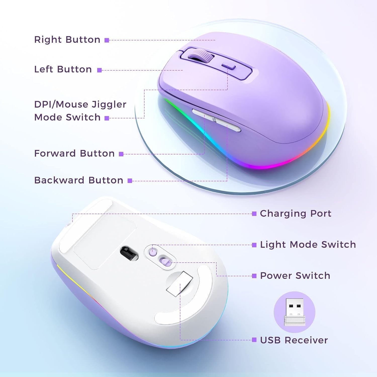 Purple RGB Wireless Mouse Rechargeable Silent USB Jiggler
