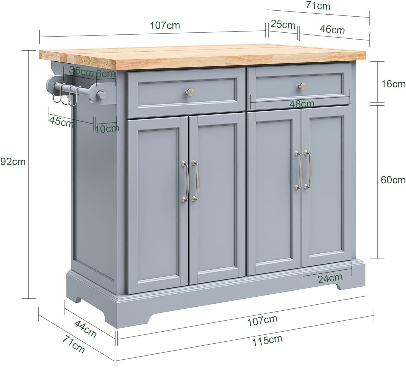 Grey Rolling Kitchen Island Extendable Worktop 115cm Cart
